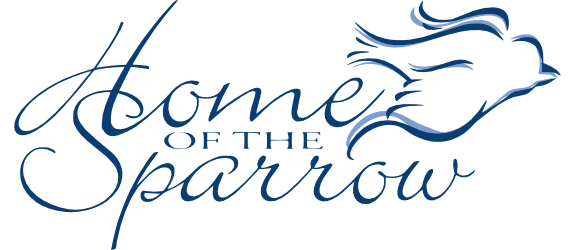 Home of the Sparrow Logo - Home of the Sparrow in Script Font with Outline of Sparrow in Flight to the right of the words.