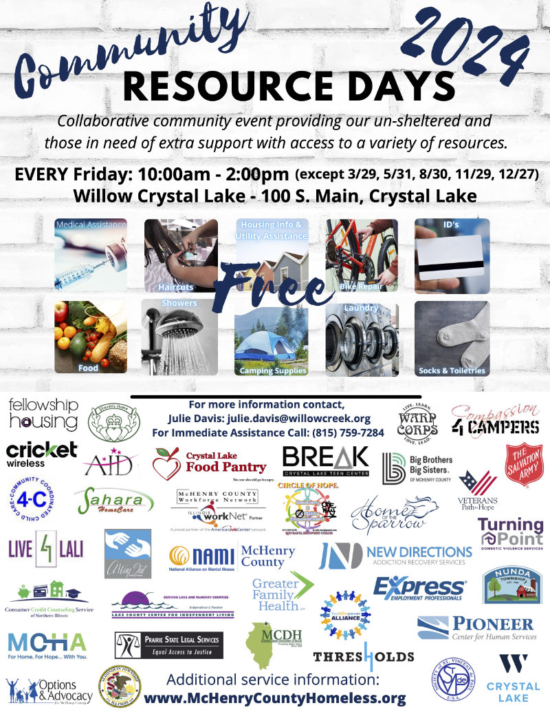 Community Resource Days Flyer - Join HOS every Friday at Willow Creek's Community Resource Days! This "Collaborative community event" provides our underserved communities with resources and support like food, shower access, haircuts, and more at no cost to you.