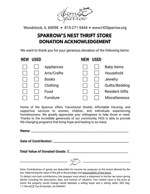 Home of the Sparrow Donation Acknowledgement Form